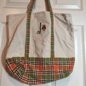 "J" Embroidered Owl Plaid Canvas Large Tote Bag 17" x 13"